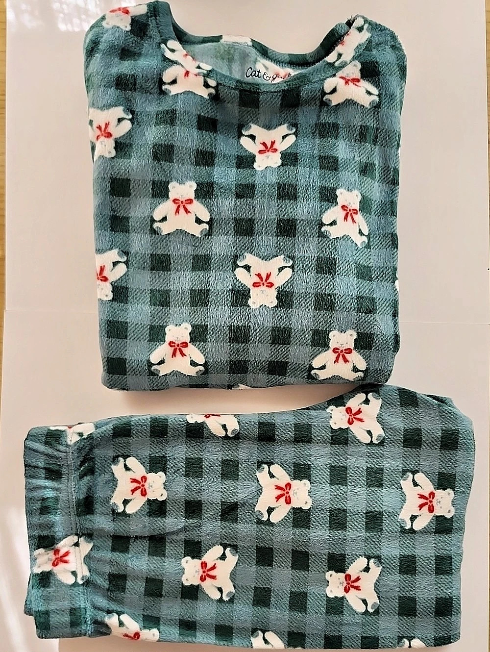Cat & Jack Polar Bear Green Plaid Fleece Pajama Set Girls 10